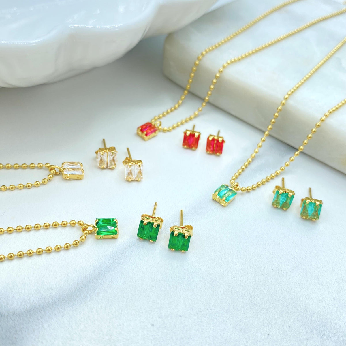 18K Gold Filled Rectangle Gem Duo, Beaded Link Collar With Pierced Pair, Jewelry Set