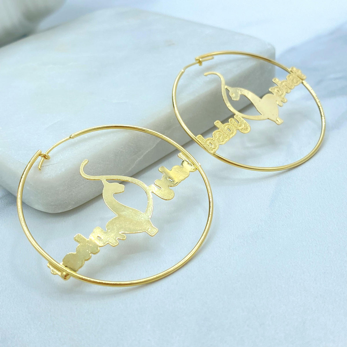 18K Gold Filled Baby Phat Nameplate Hoops, Kitty Silhouette Statement Pair