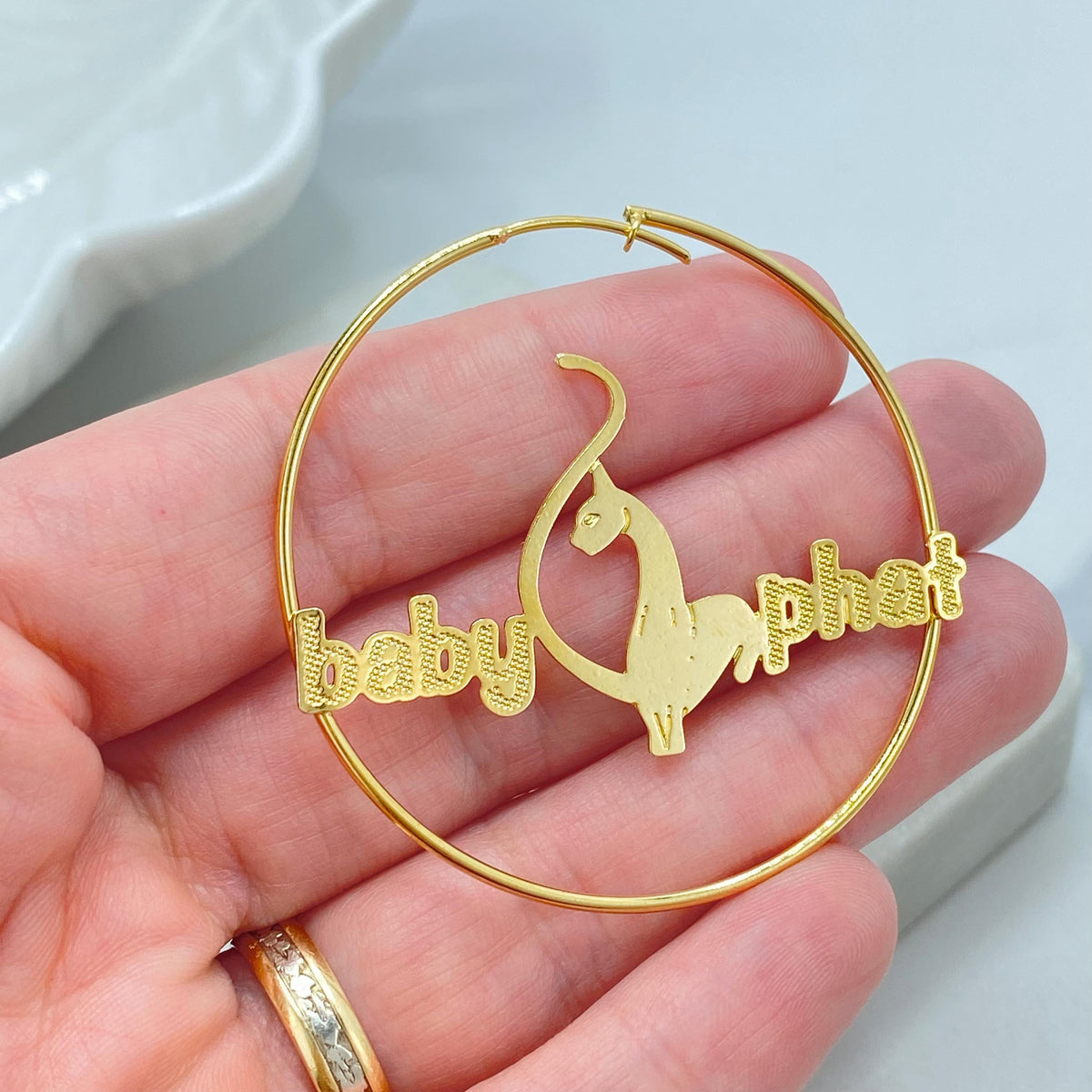 18K Gold Filled Baby Phat Nameplate Hoops, Kitty Silhouette Statement Pair