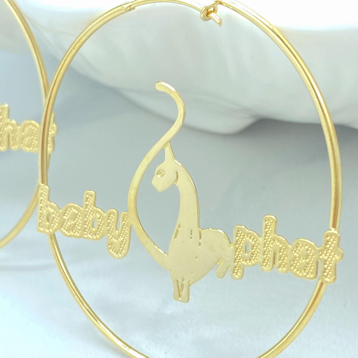 18K Gold Filled Baby Phat Nameplate Hoops, Kitty Silhouette Statement Pair