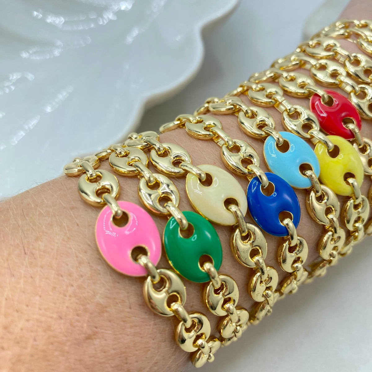 18K Gold Filled Mariner Link Bracelet, Enamel Disc Accent, Color Selection