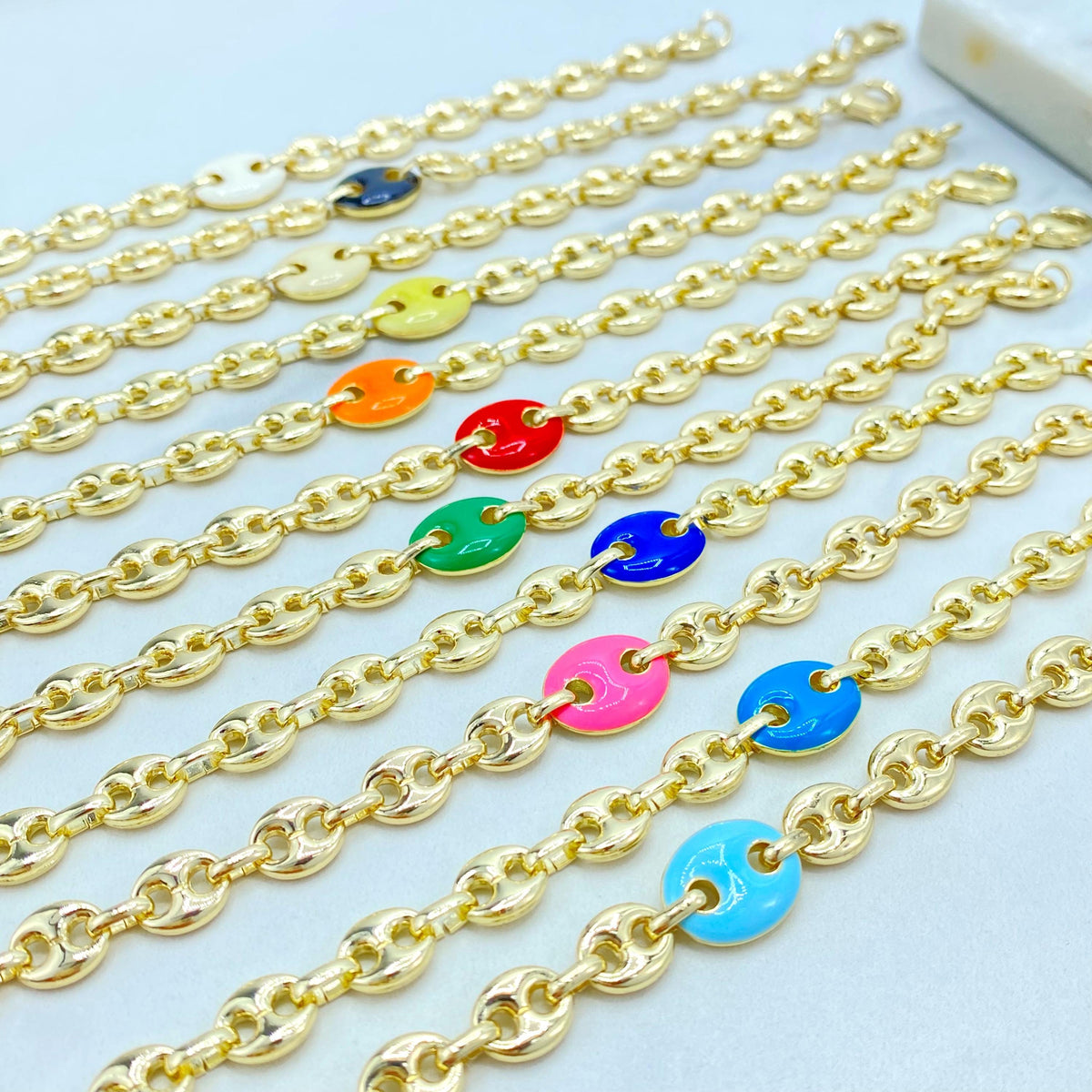 18K Gold Filled Mariner Link Bracelet, Enamel Disc Accent, Color Selection