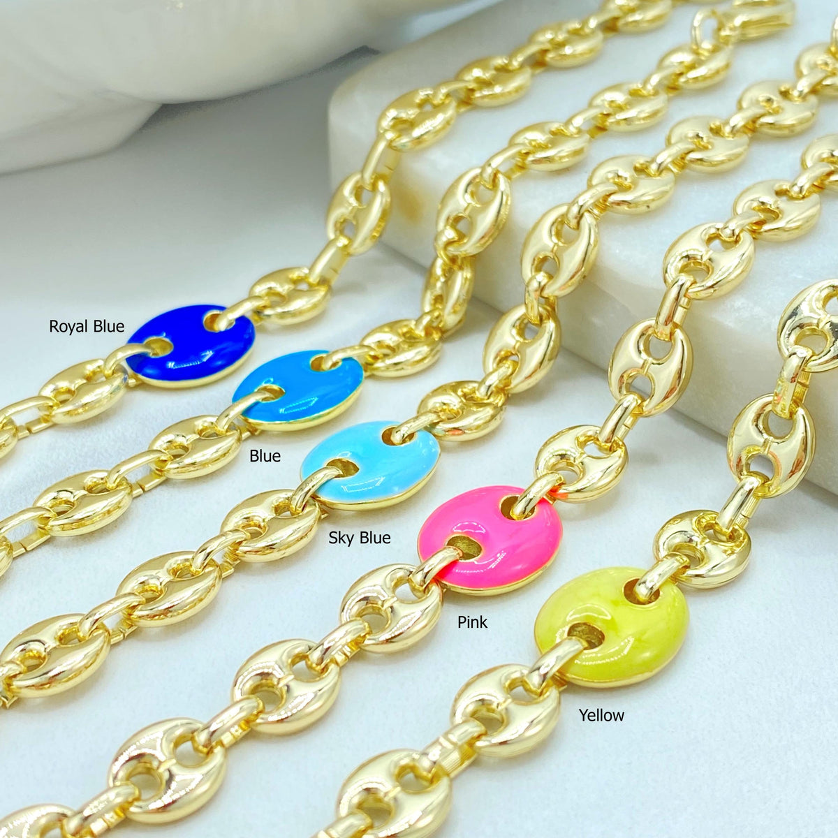 18K Gold Filled Mariner Link Bracelet, Enamel Disc Accent, Color Selection