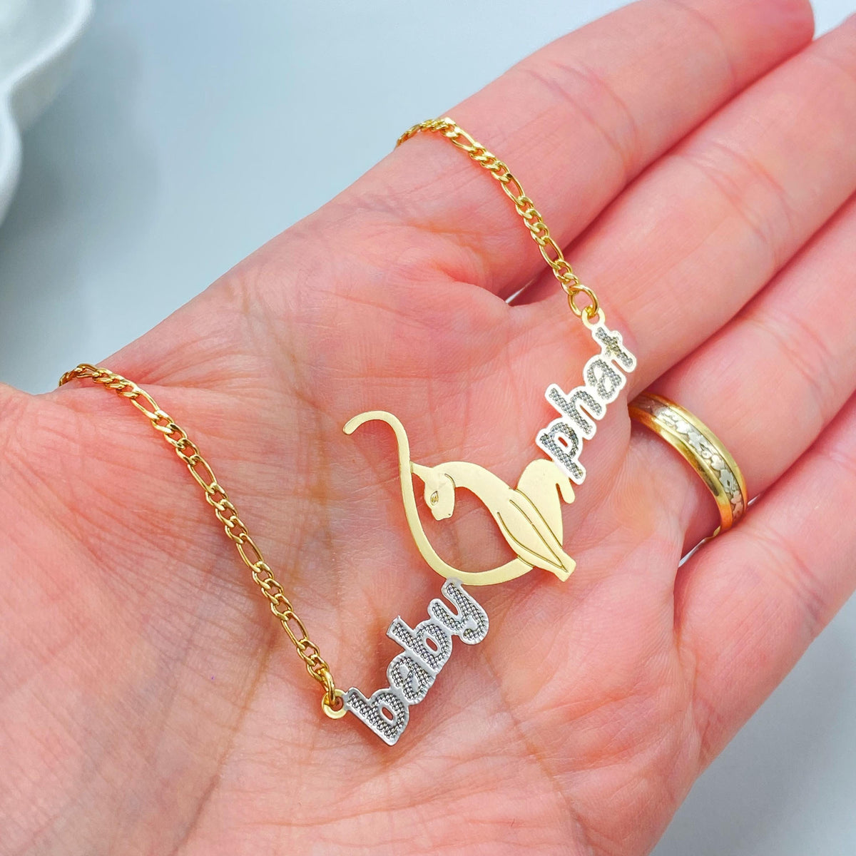 18K Gold Filled Y2K Logo Nameplate, Bicolor Script Centerpiece