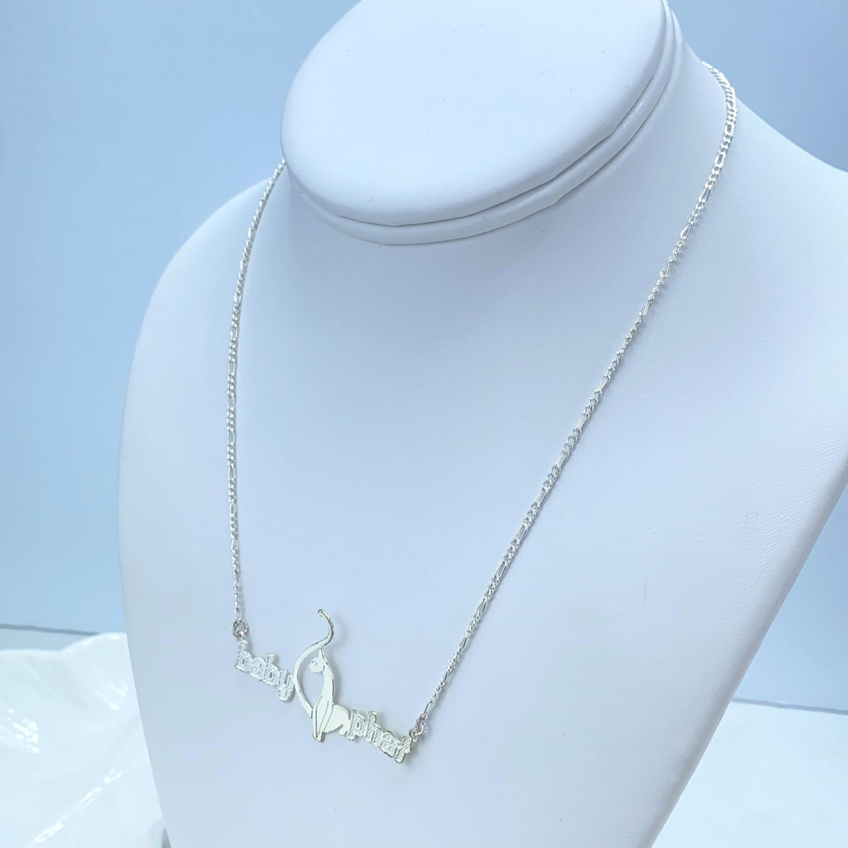 Silver Filled Baby Phat Nameplate Necklace, Figaro Chain, Logo Centerpiece