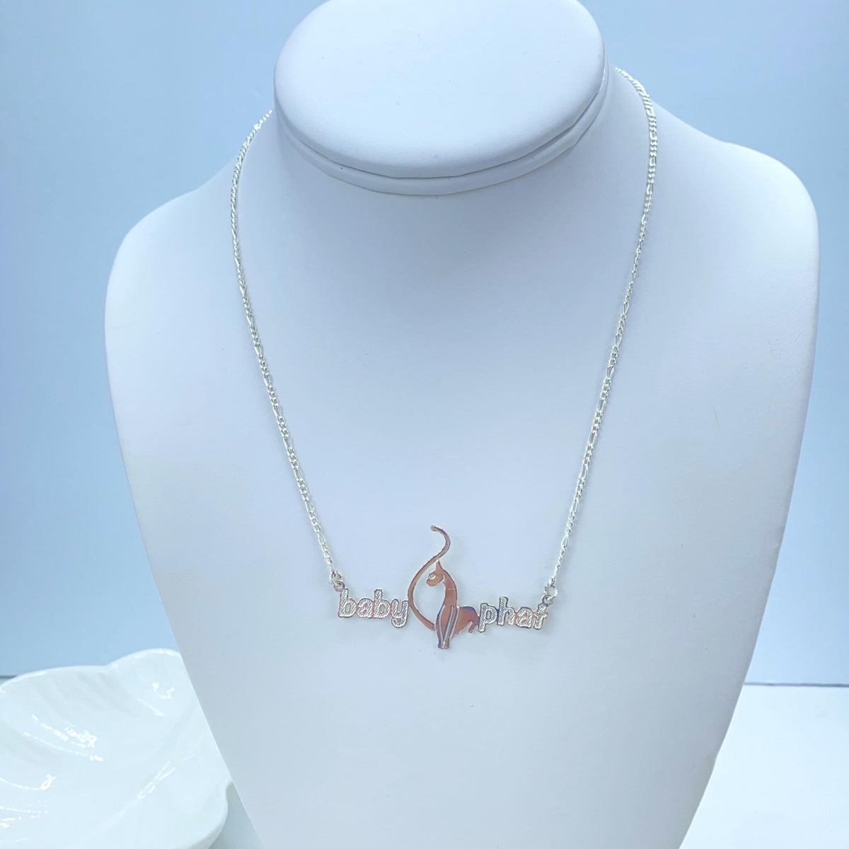 Silver Filled Baby Phat Nameplate Necklace, Figaro Chain, Logo Centerpiece