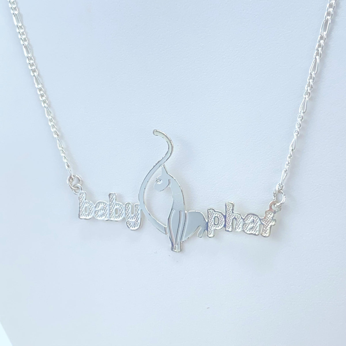 Silver Filled Baby Phat Nameplate Necklace, Figaro Chain, Logo Centerpiece
