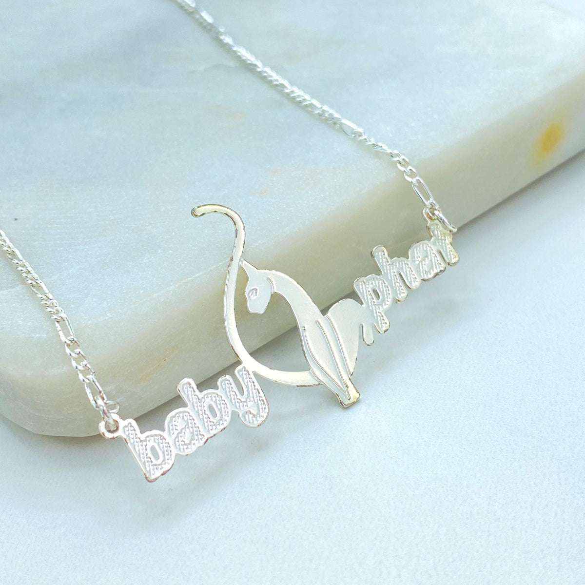 Silver Filled Baby Phat Nameplate Necklace, Figaro Chain, Logo Centerpiece