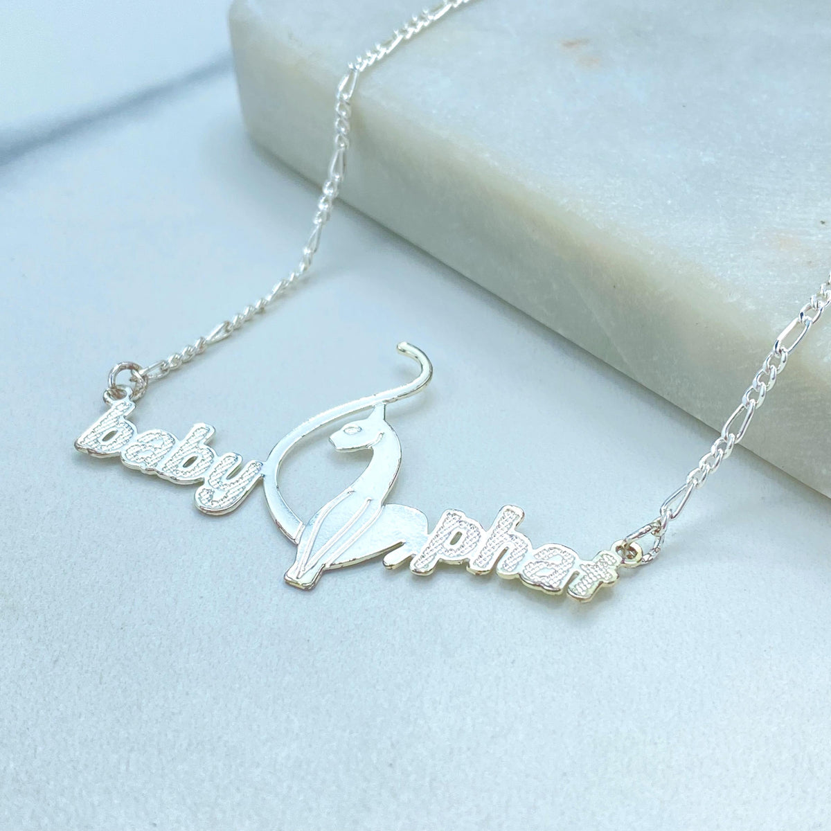 Silver Filled Baby Phat Nameplate Necklace, Figaro Chain, Logo Centerpiece