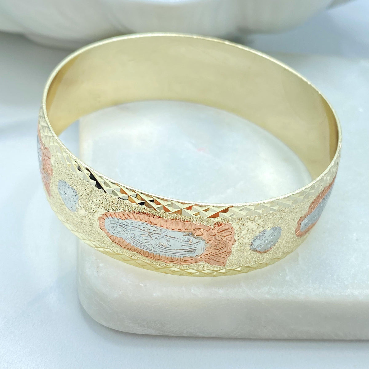 18K Gold Filled Tri Tone Guadalupe Cuff Bangle, Engraved Saints, Two Sizes