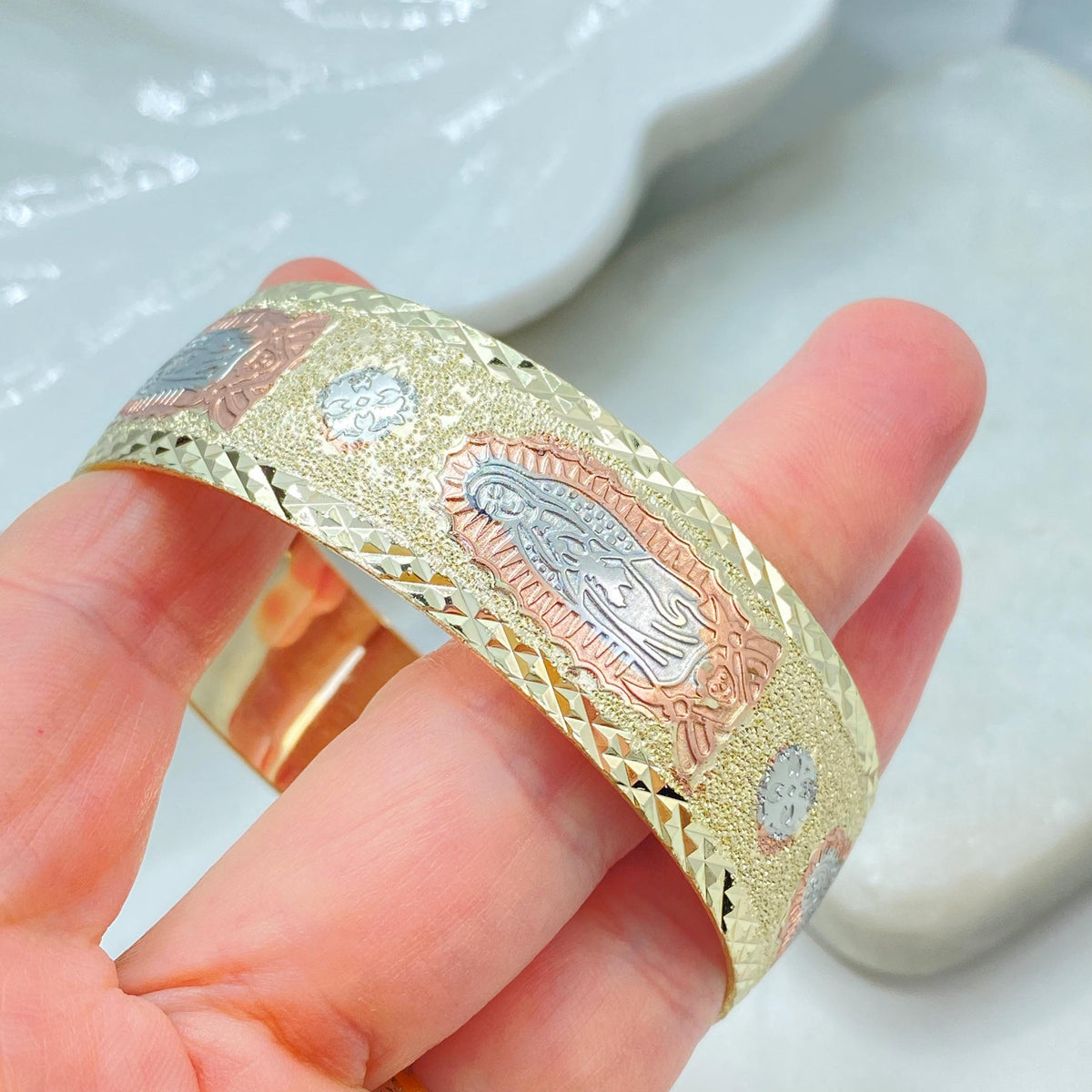 18K Gold Filled Tri Tone Guadalupe Cuff Bangle, Engraved Saints, Two Sizes