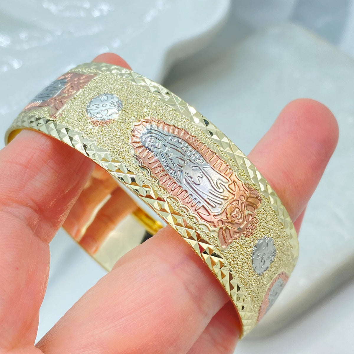 18K Gold Filled Tri Tone Guadalupe Cuff Bangle, Engraved Saints, Two Sizes