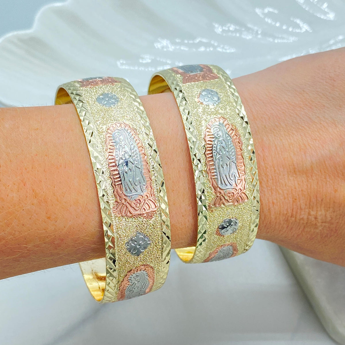 18K Gold Filled Tri Tone Guadalupe Cuff Bangle, Engraved Saints, Two Sizes