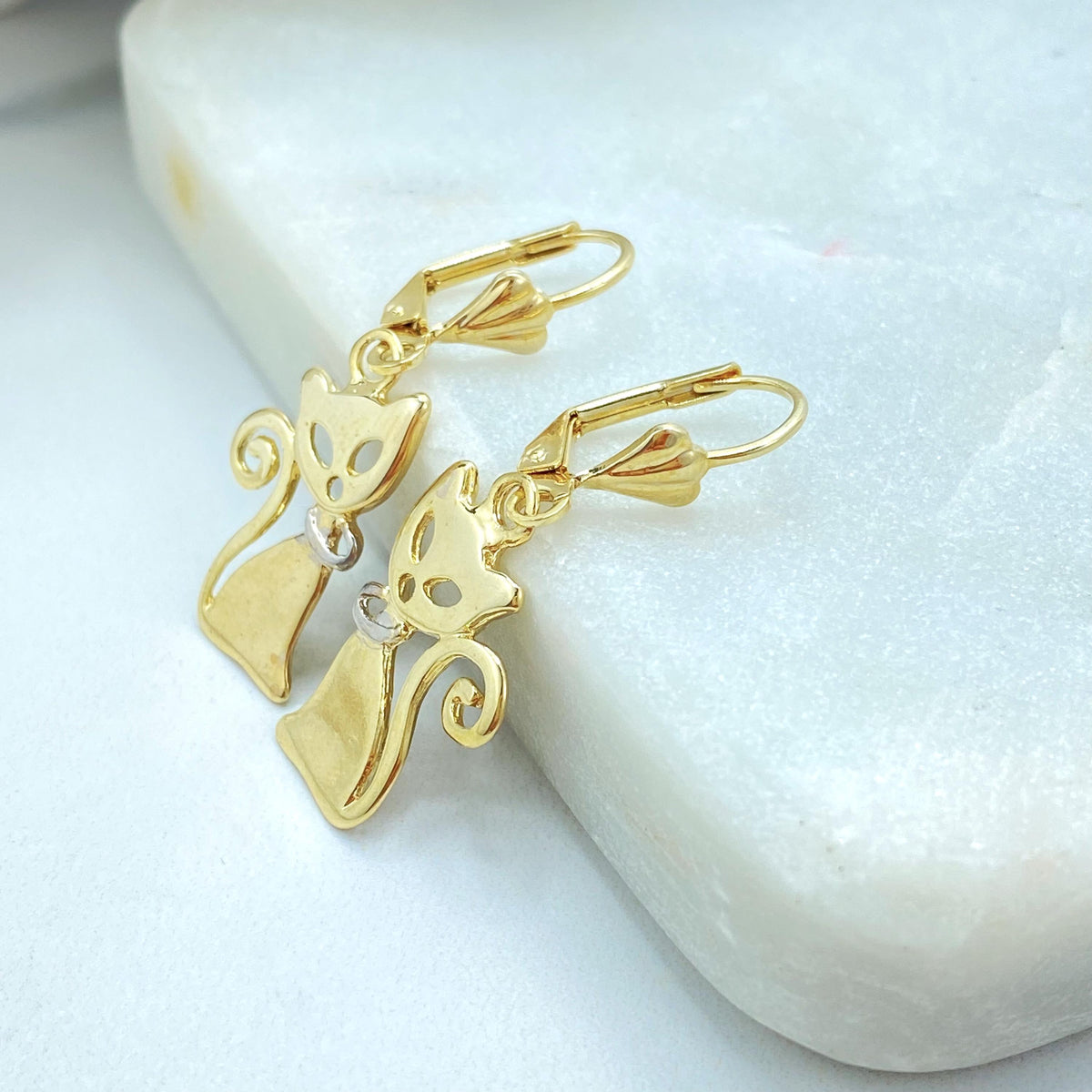 18K Gold Filled Cat Charm Set, Two Tone Collar, Leverback Earrings Pendant