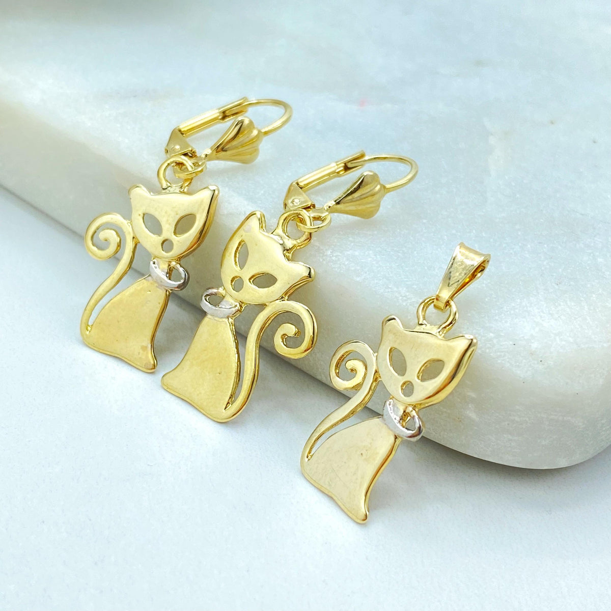 18K Gold Filled Cat Charm Set, Two Tone Collar, Leverback Earrings Pendant
