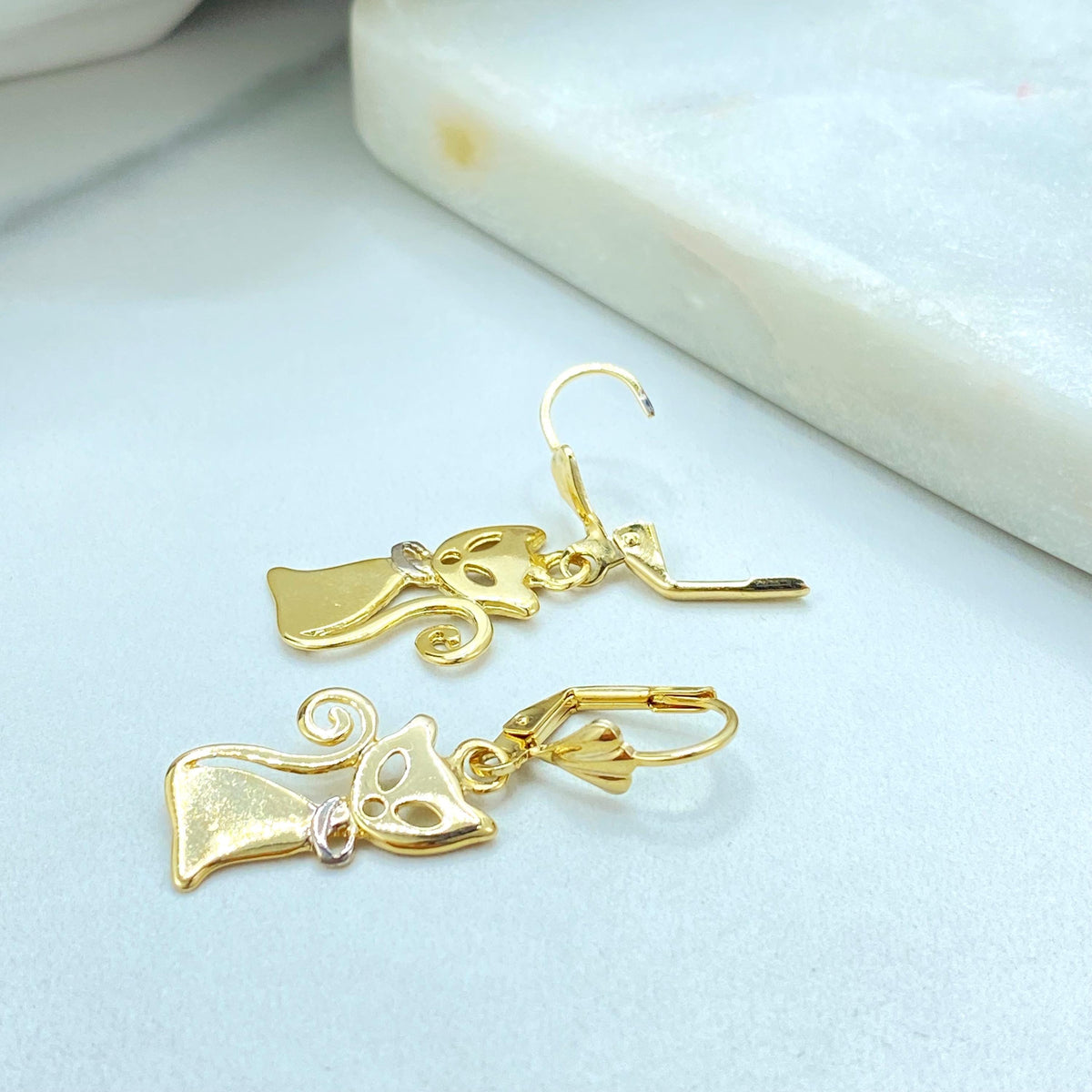 18K Gold Filled Cat Charm Set, Two Tone Collar, Leverback Earrings Pendant