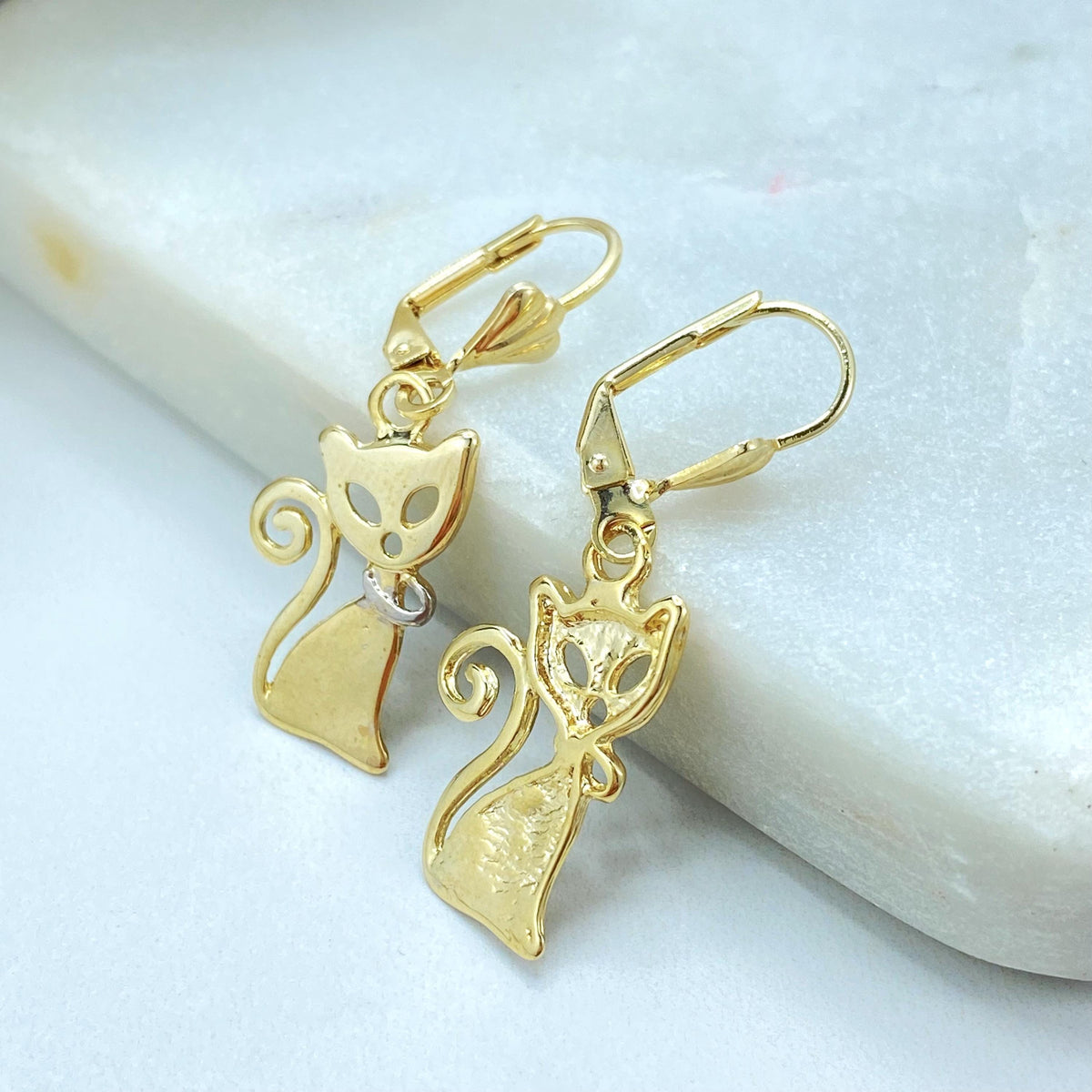18K Gold Filled Cat Charm Set, Two Tone Collar, Leverback Earrings Pendant