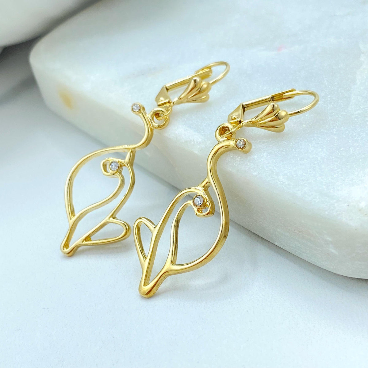 18K Gold Filled Kitty Outline Set, CZ Detail, Leverback Earrings Pendant