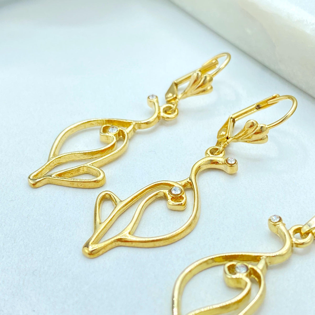 18K Gold Filled Kitty Outline Set, CZ Detail, Leverback Earrings Pendant