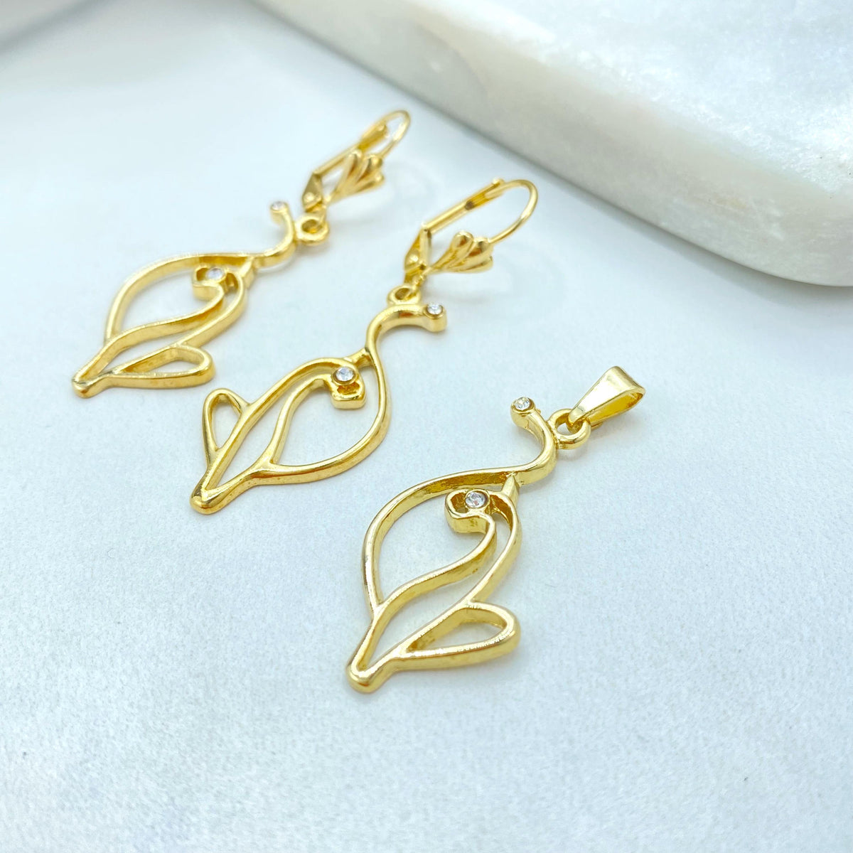 18K Gold Filled Kitty Outline Set, CZ Detail, Leverback Earrings Pendant
