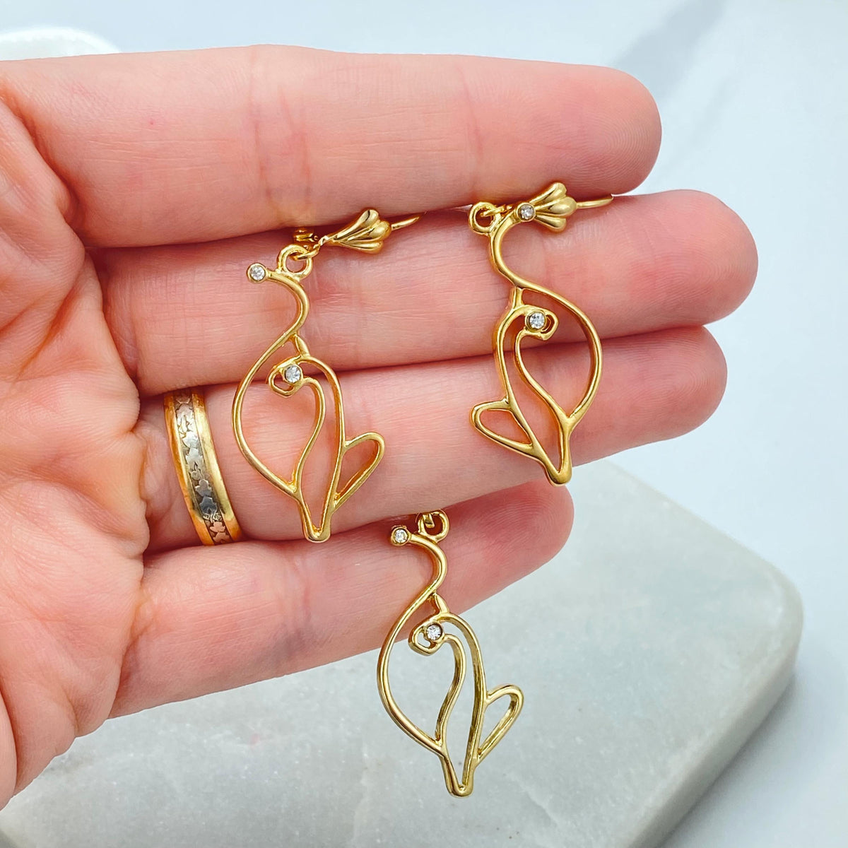18K Gold Filled Kitty Outline Set, CZ Detail, Leverback Earrings Pendant