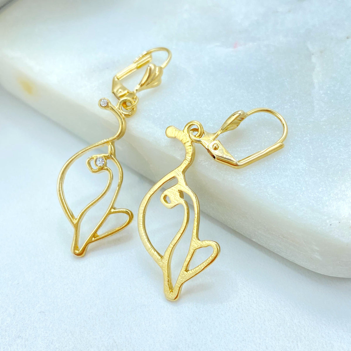 18K Gold Filled Kitty Outline Set, CZ Detail, Leverback Earrings Pendant