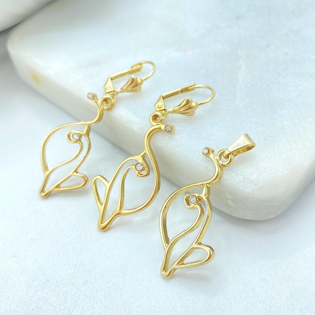 18K Gold Filled Kitty Outline Set, CZ Detail, Leverback Earrings Pendant