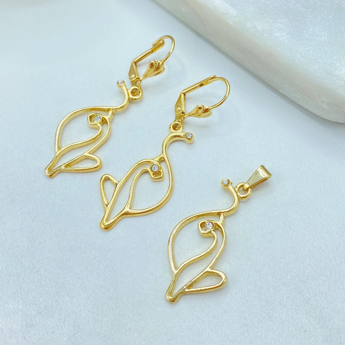 18K Gold Filled Kitty Outline Set, CZ Detail, Leverback Earrings Pendant