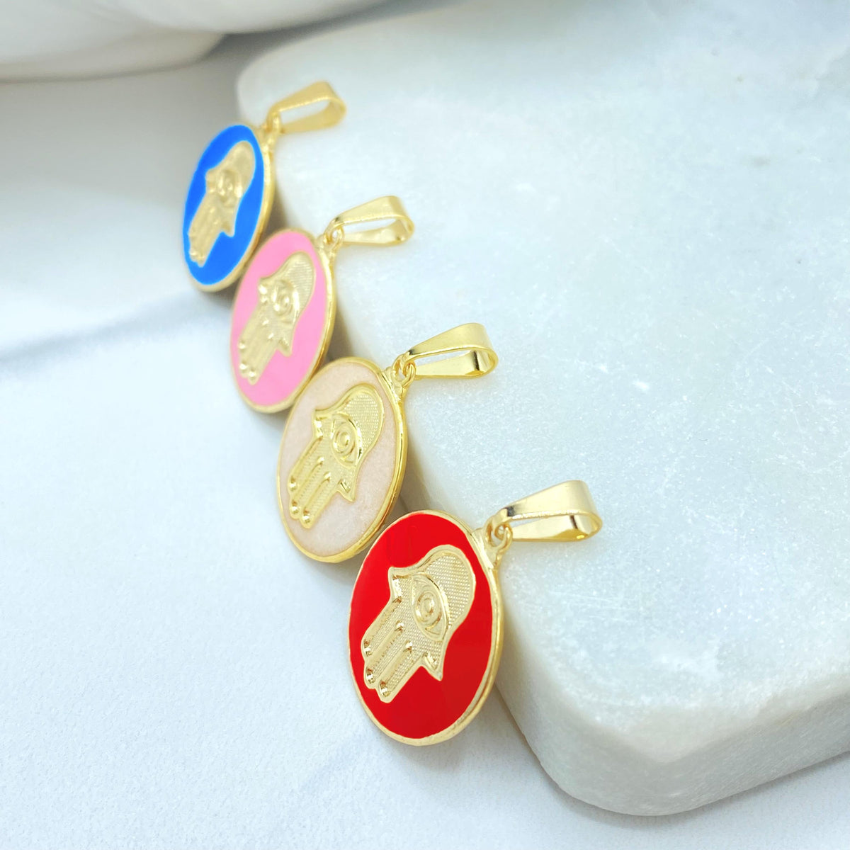 18K Gold Filled Hamsa Hand Charm, Enamel Coin Pendant, Choose Color