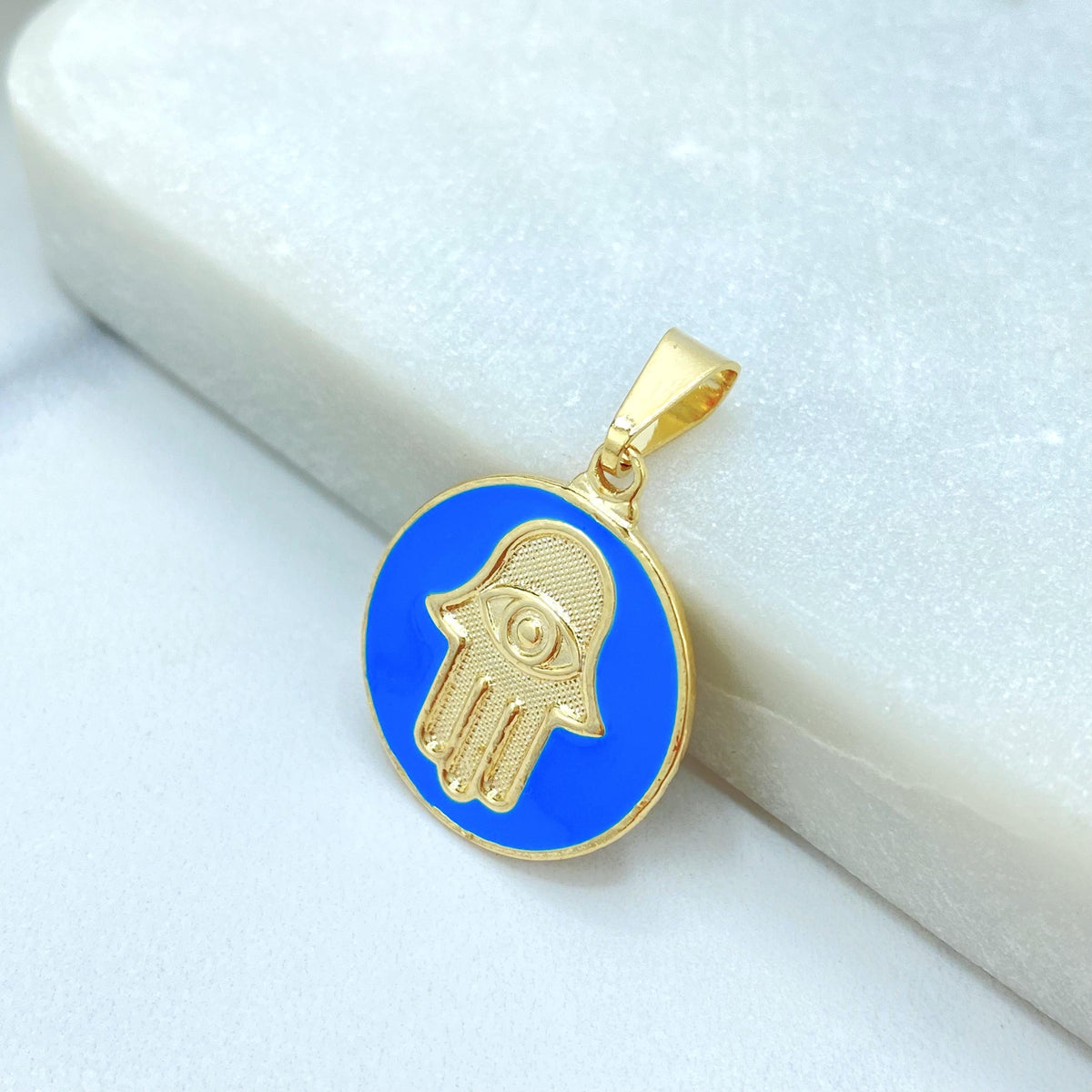 18K Gold Filled Hamsa Hand Charm, Enamel Coin Pendant, Choose Color