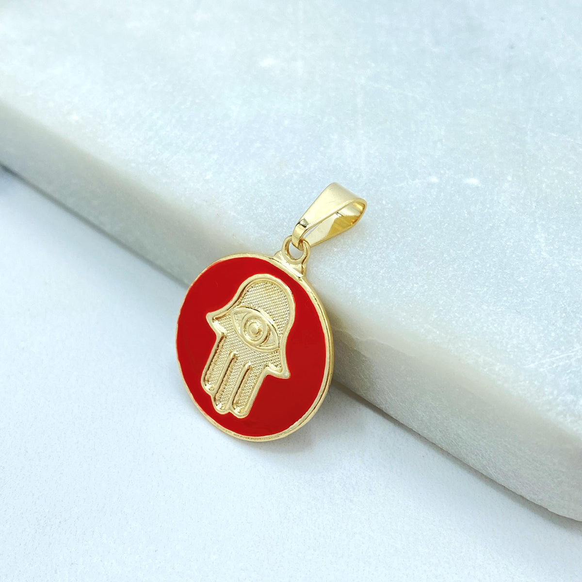 18K Gold Filled Hamsa Hand Charm, Enamel Coin Pendant, Choose Color