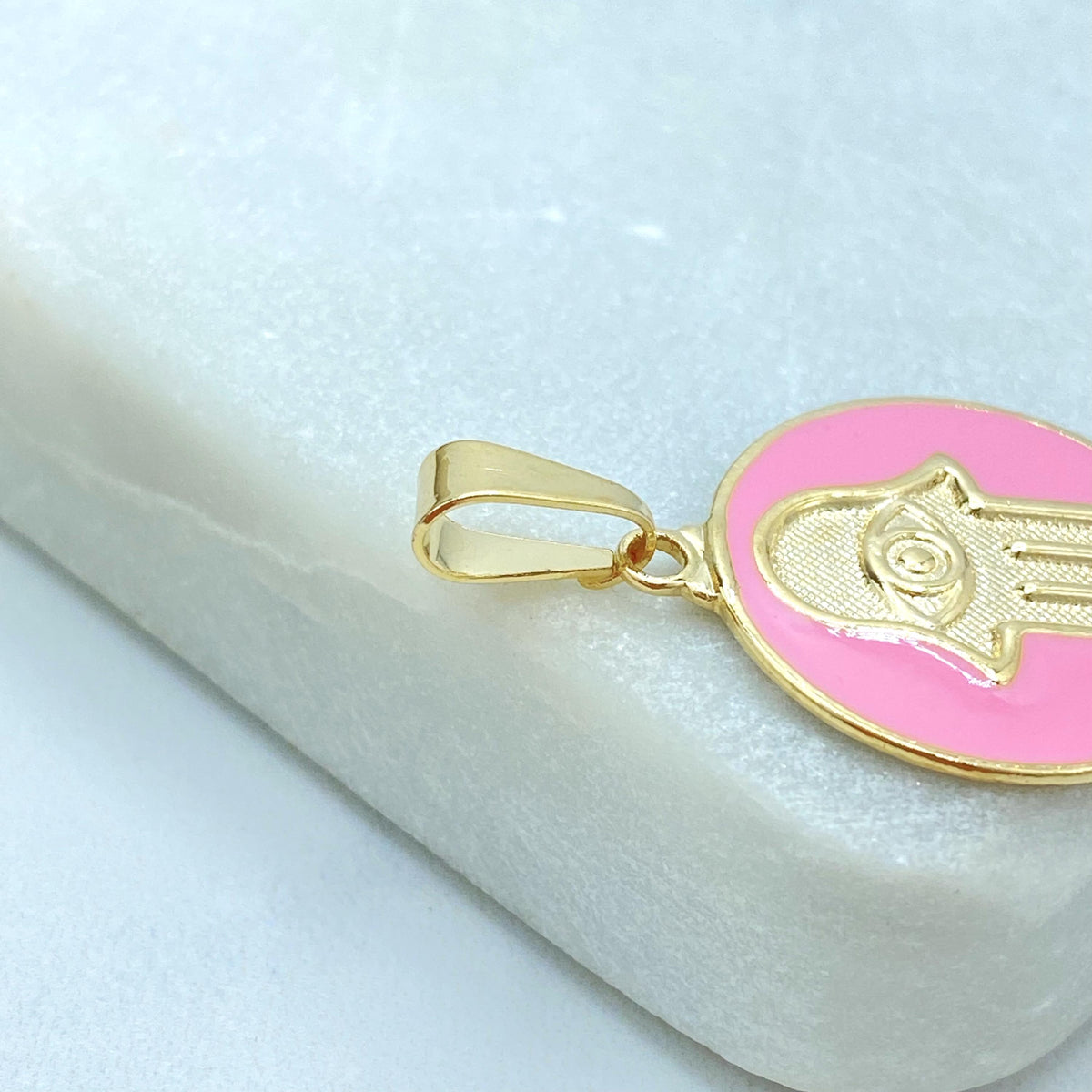 18K Gold Filled Hamsa Hand Charm, Enamel Coin Pendant, Choose Color