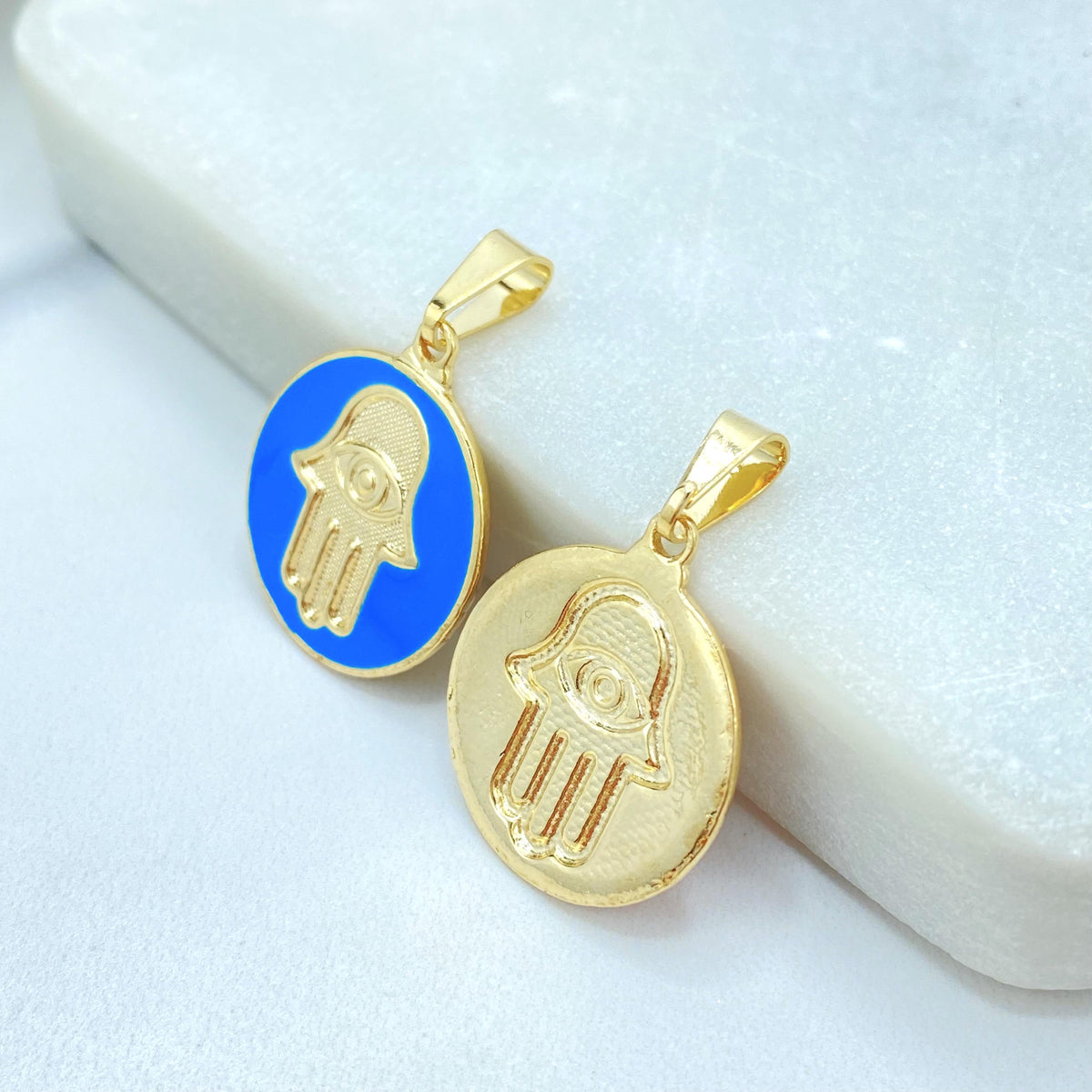 18K Gold Filled Hamsa Hand Charm, Enamel Coin Pendant, Choose Color