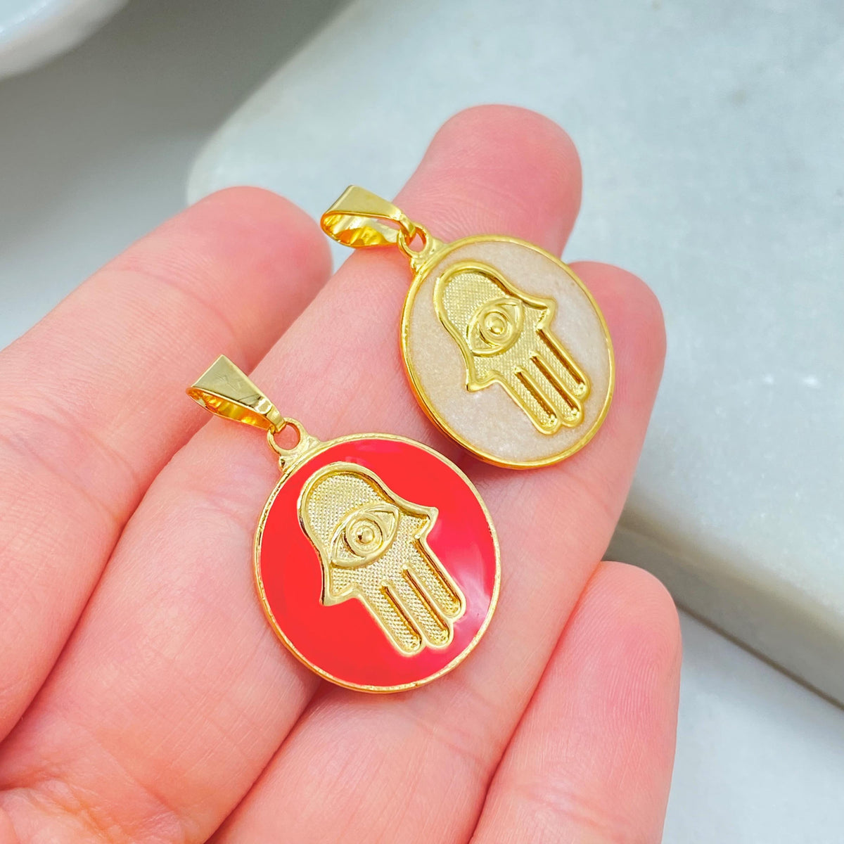 18K Gold Filled Hamsa Hand Charm, Enamel Coin Pendant, Choose Color