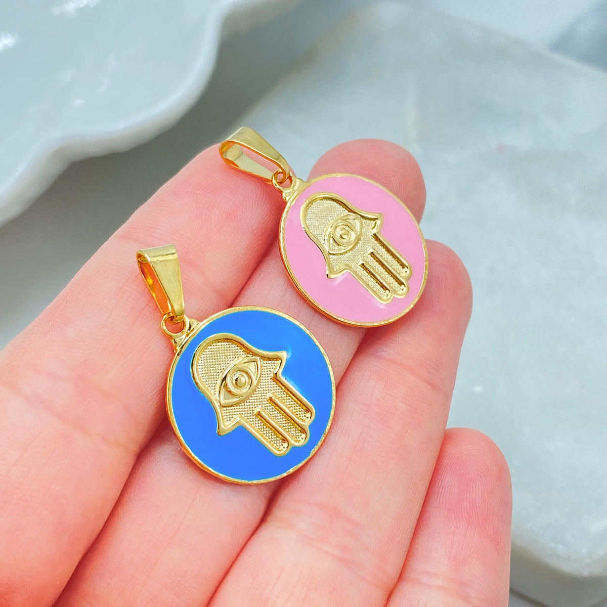 18K Gold Filled Hamsa Hand Charm, Enamel Coin Pendant, Choose Color