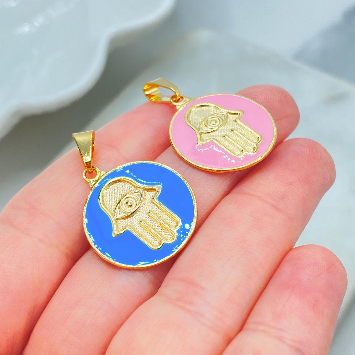 18K Gold Filled Hamsa Hand Charm, Enamel Coin Pendant, Choose Color
