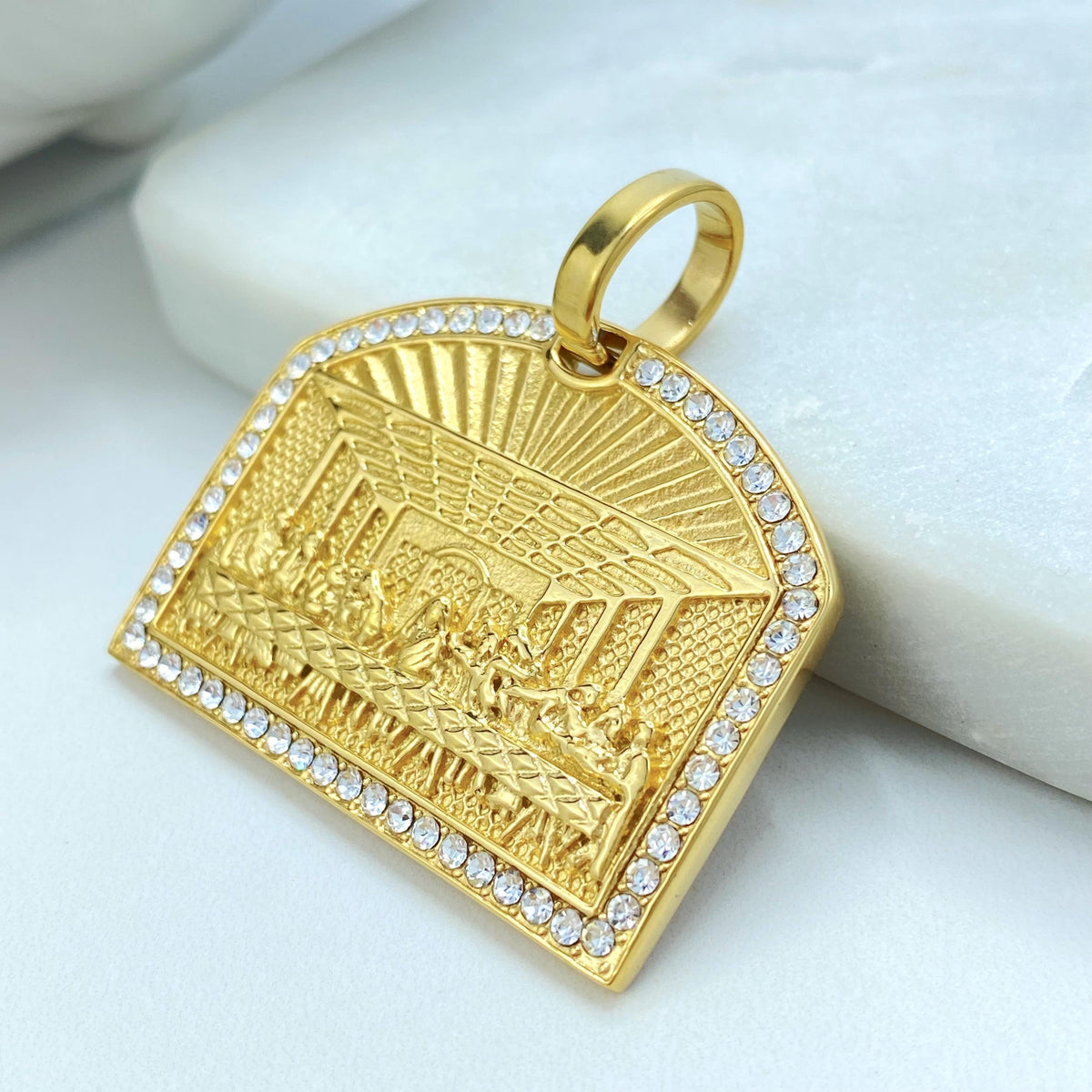 Stainless Steel Last Supper Pendant, CZ Medallion, Men’s Necklace Charm, Religious Gift