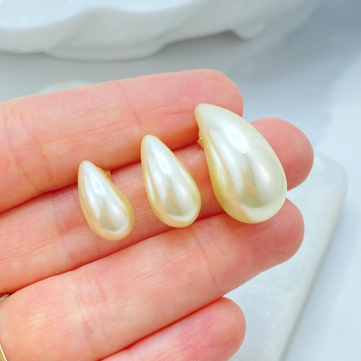 18K Gold Filled Studs, Teardrop Pearl Post Earrings, Size S M L