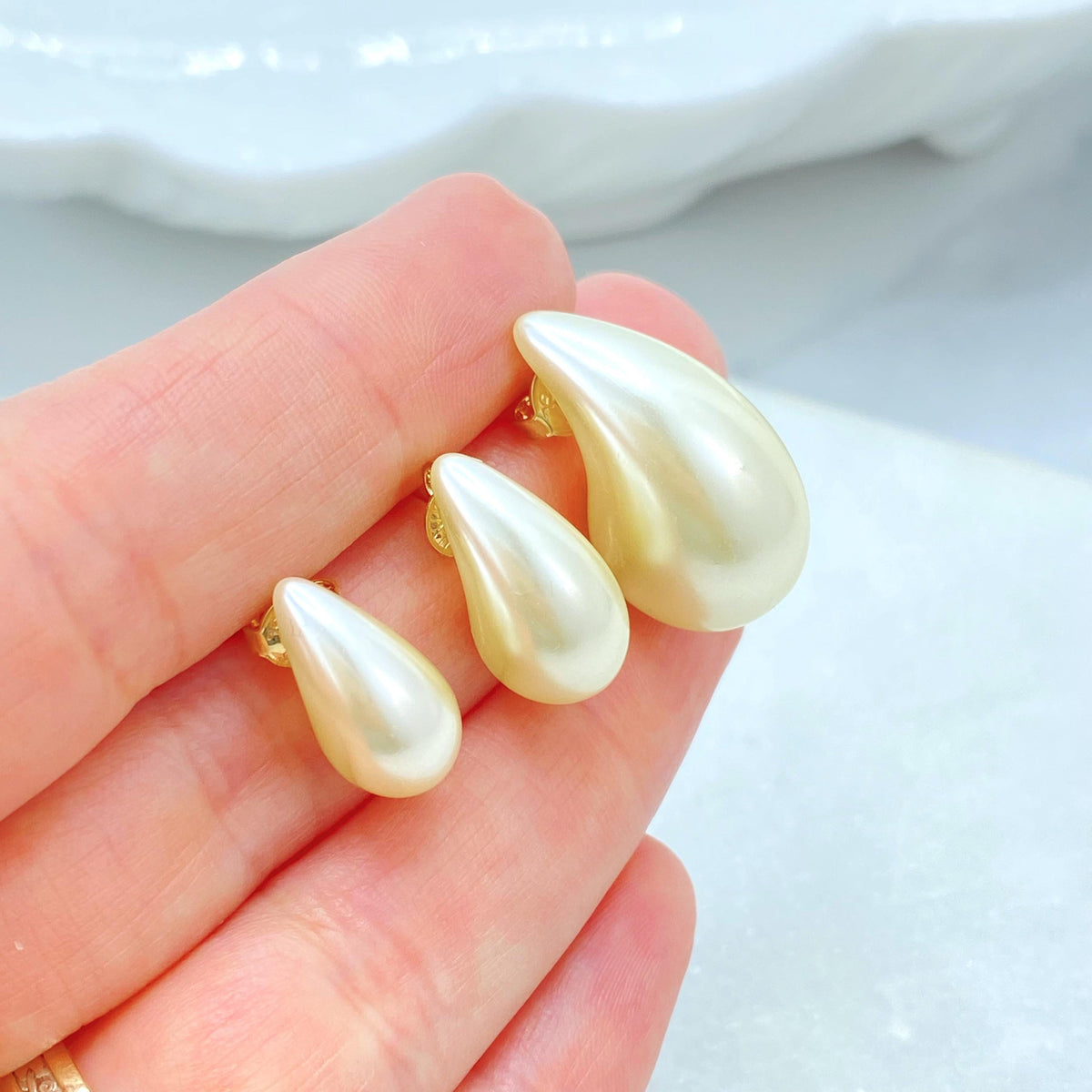 18K Gold Filled Studs, Teardrop Pearl Post Earrings, Size S M L