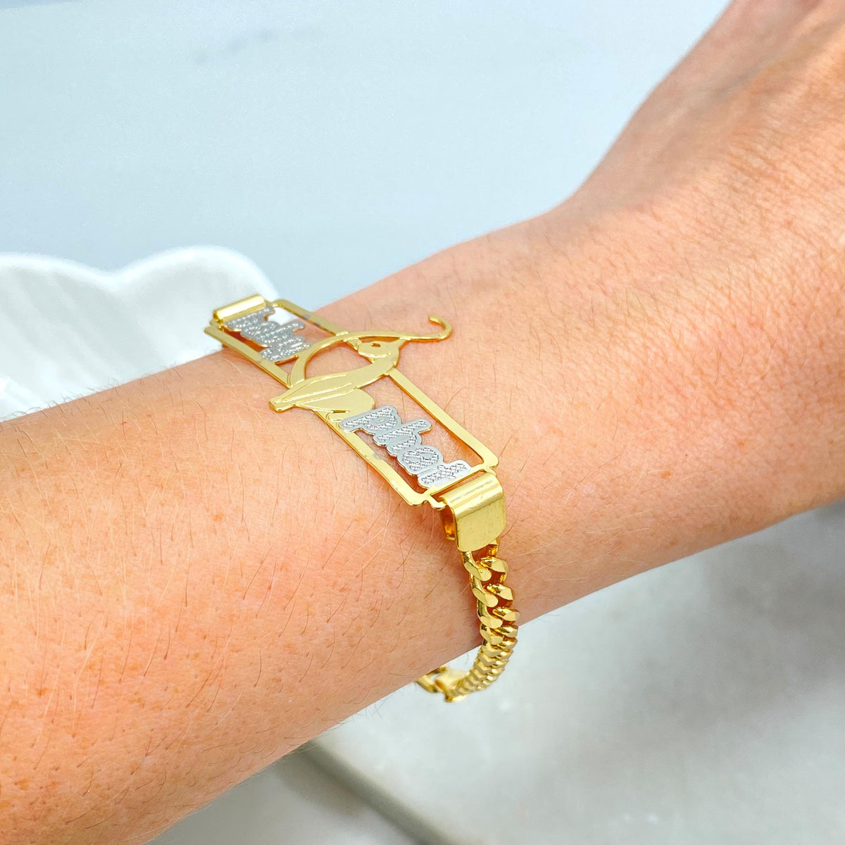 18K Gold Filled Two Tone Baby Phat Bracelet, Kitty Plate, Curb Link Chain, Statement