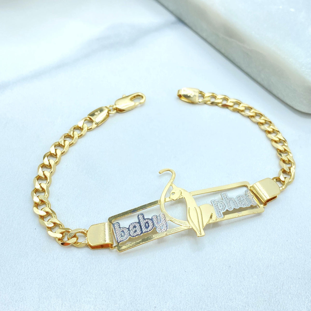 18K Gold Filled Two Tone Baby Phat Bracelet, Kitty Plate, Curb Link Chain, Statement