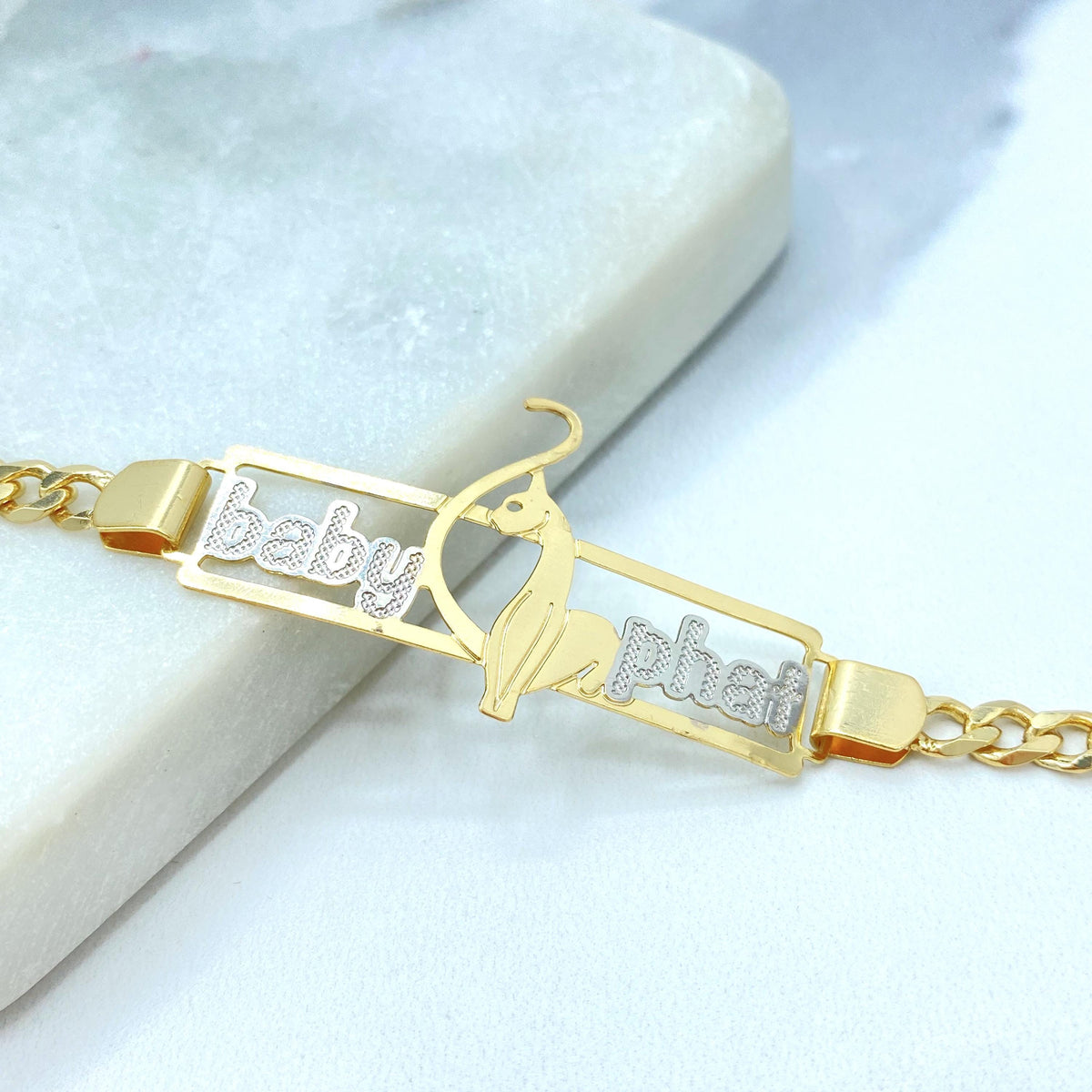 18K Gold Filled Two Tone Baby Phat Bracelet, Kitty Plate, Curb Link Chain, Statement