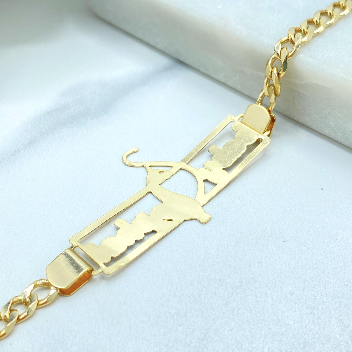 18K Gold Filled Two Tone Baby Phat Bracelet, Kitty Plate, Curb Link Chain, Statement