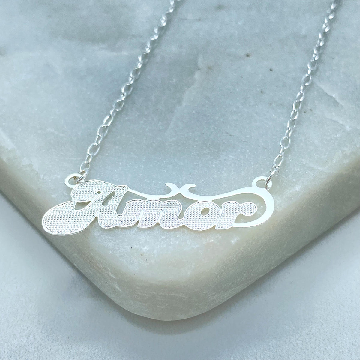 Silver Filled Amor Nameplate Necklace, Textured Script Pendant Figaro Link
