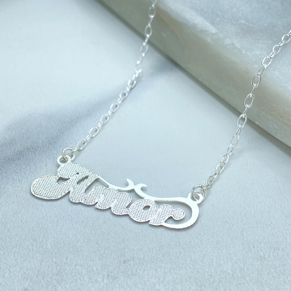Silver Filled Amor Nameplate Necklace, Textured Script Pendant Figaro Link