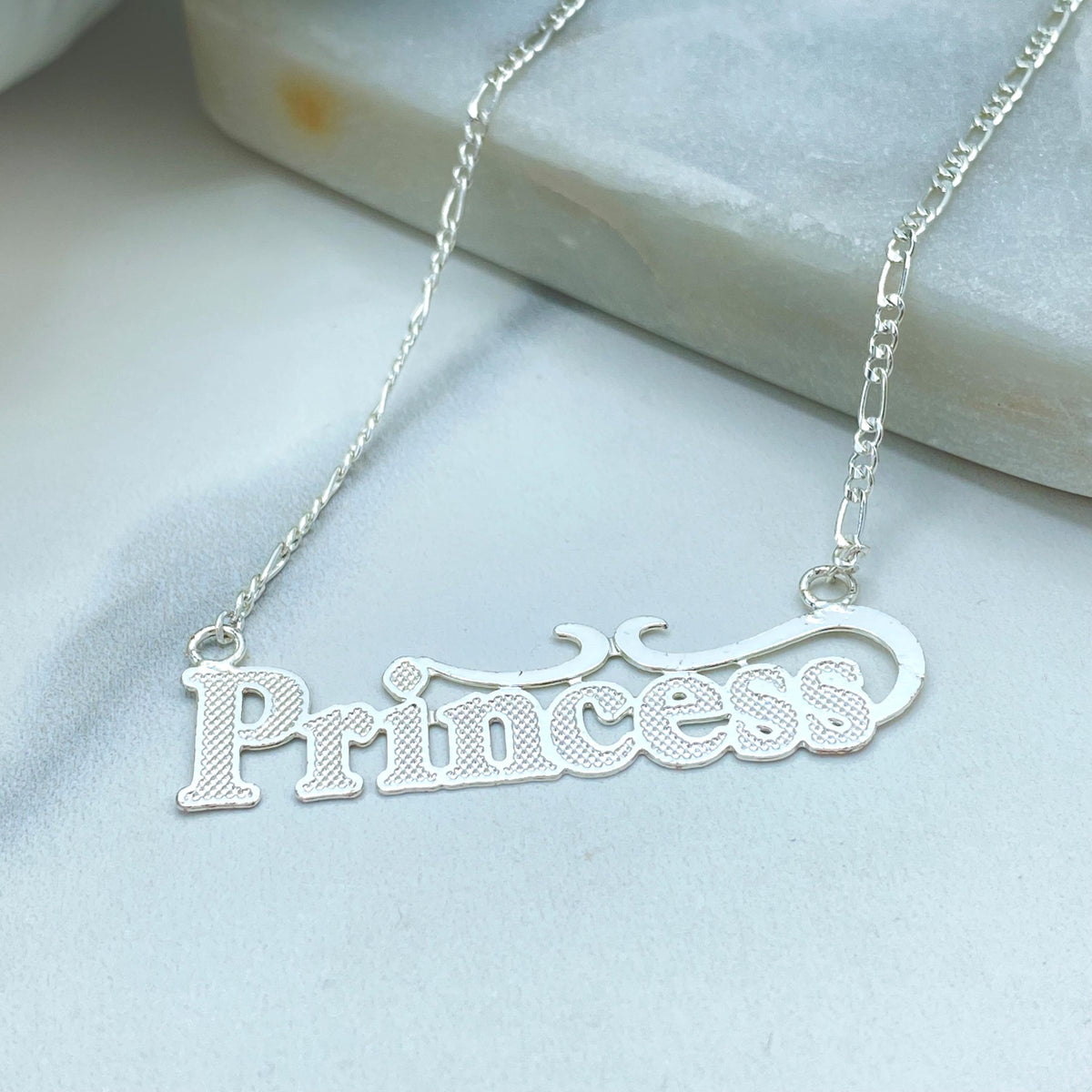 Silver Filled Princess Nameplate Necklace, Textured Letter Pendant Figaro Link