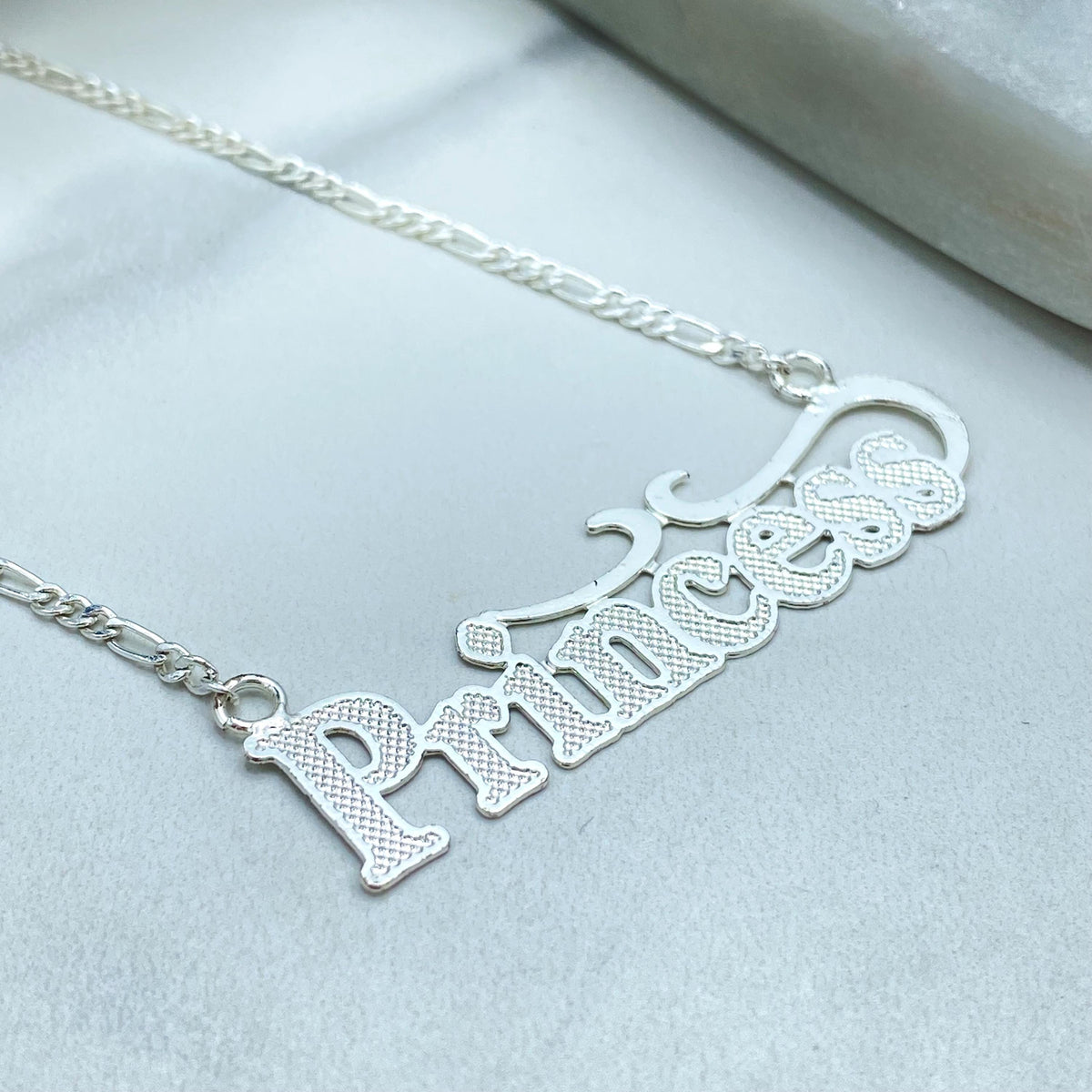 Silver Filled Princess Nameplate Necklace, Textured Letter Pendant Figaro Link