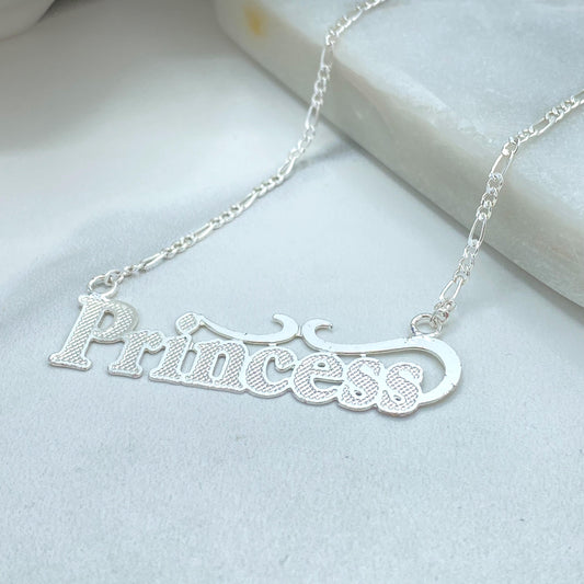 Silver Filled Princess Nameplate Necklace, Textured Letter Pendant Figaro Link
