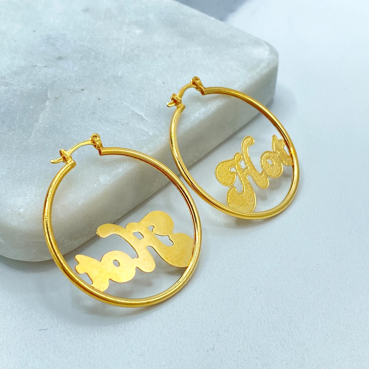 18K Gold Filled Round Hoop Earrings, Textured Letter Accent