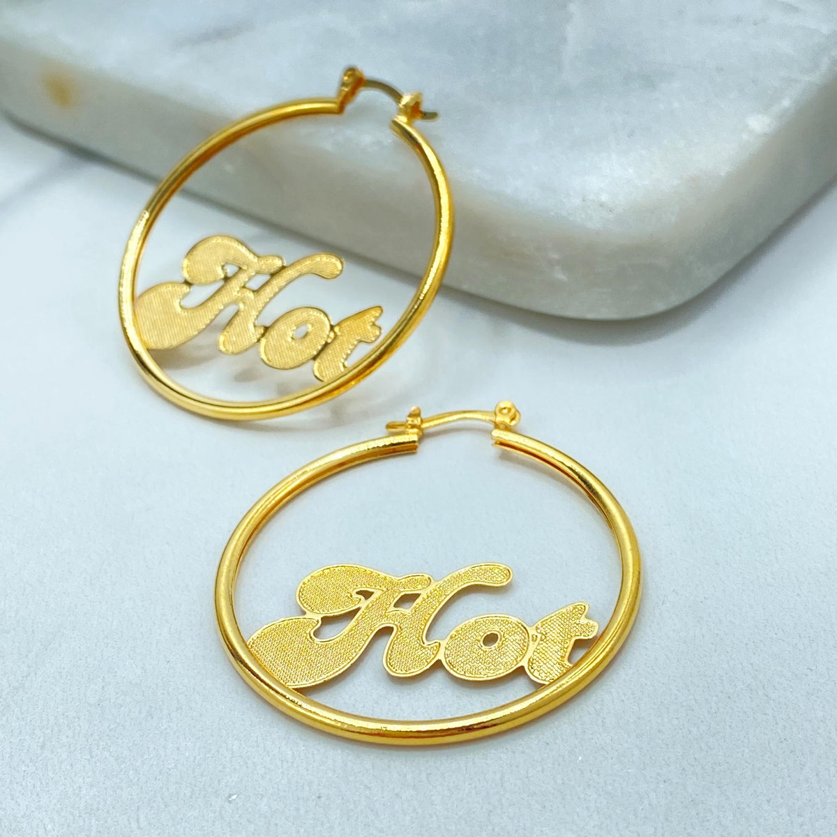18K Gold Filled Round Hoop Earrings, Textured Letter Accent
